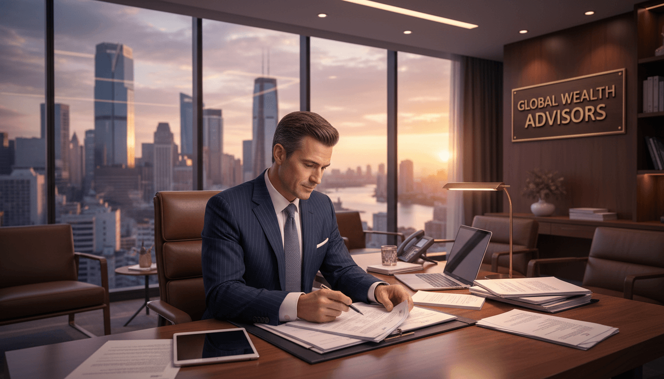Financial advisor reviewing loan documents in a premium office