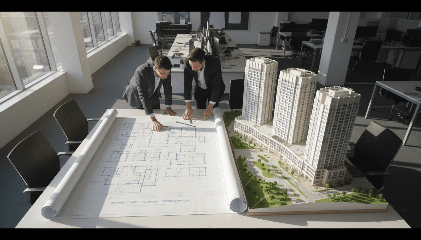 Architectural blueprint of a commercial building project placed on a table beside a scale model