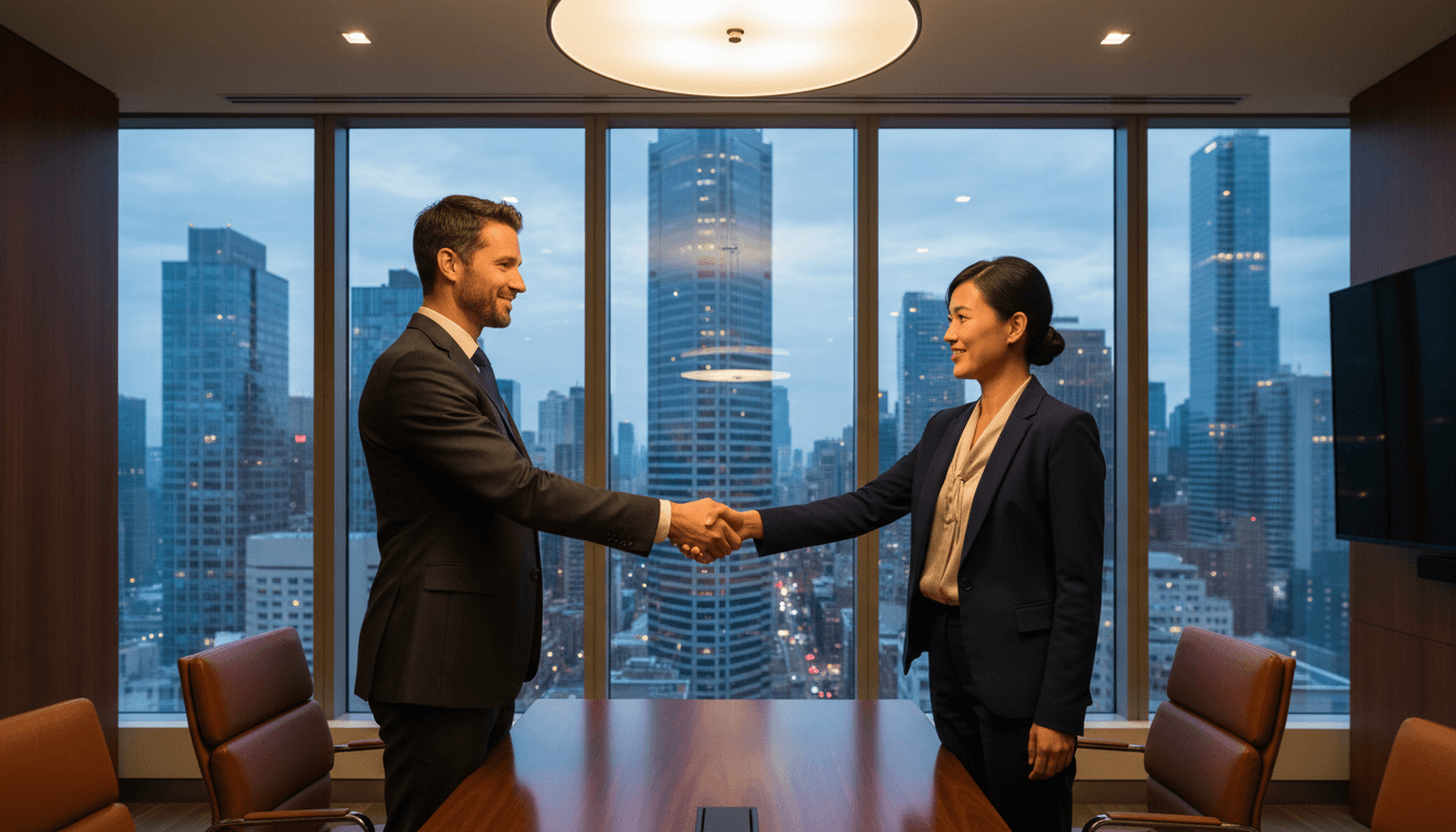 Handshake between two professionals in a boardroom with a city skyline through the window