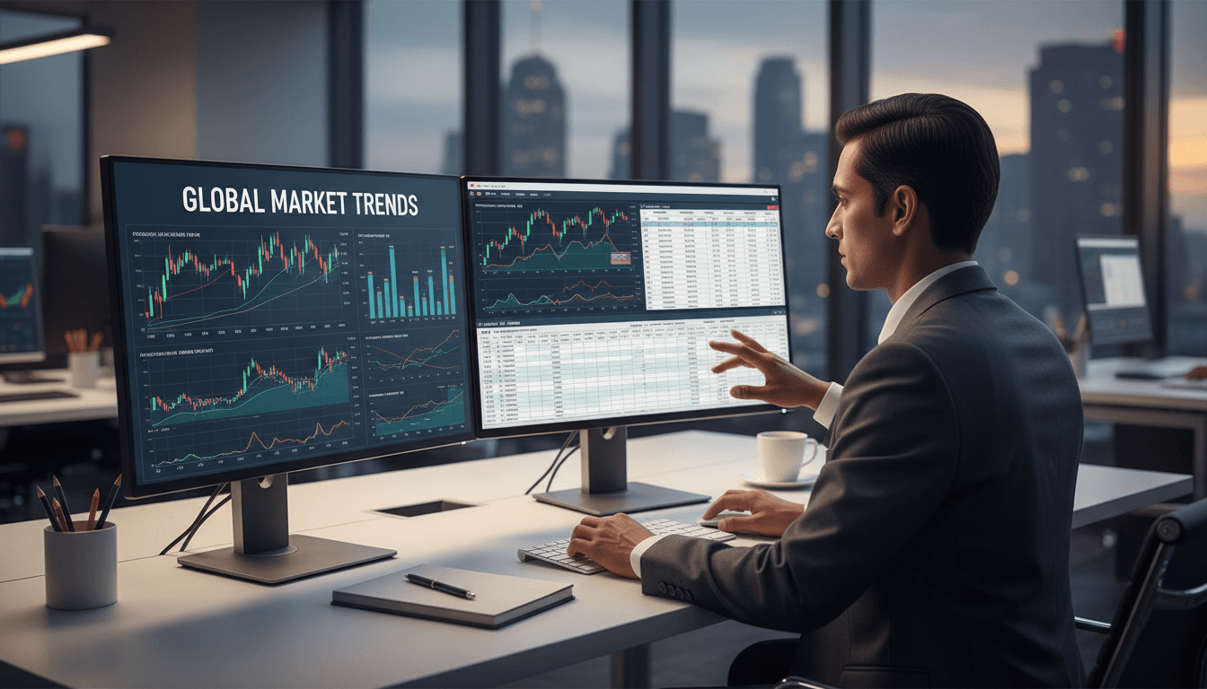 Professional financial analyst reviewing charts and data on dual monitors in a corporate setting