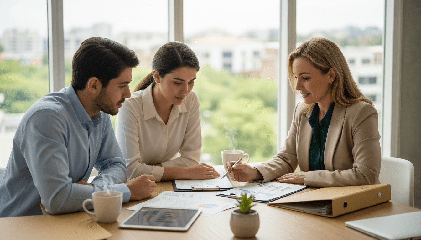 Professional financial advisor meeting with client at desk