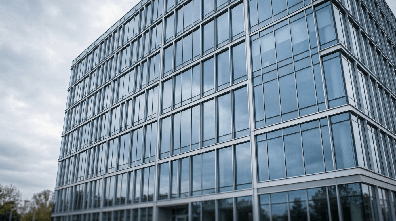 Sleek glass office building facade reflecting the sky