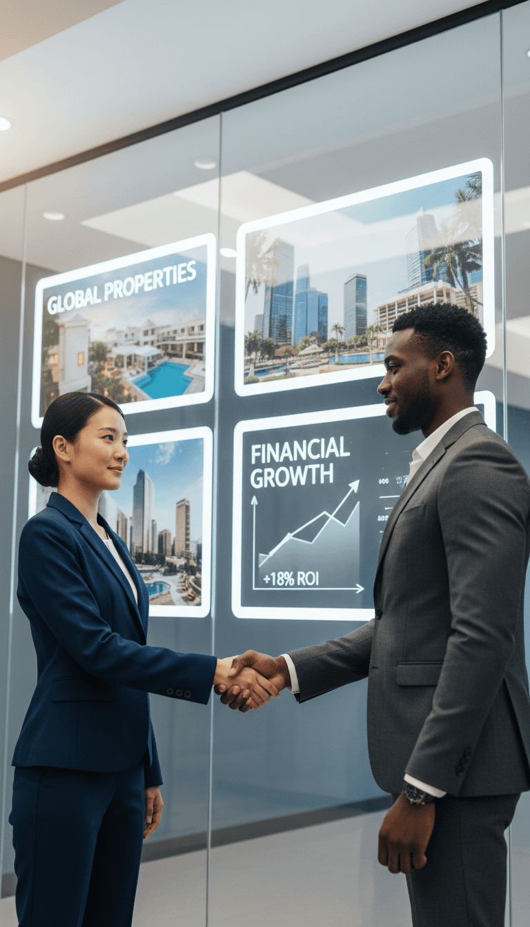 Handshake between consultant and developer in front of a completed building