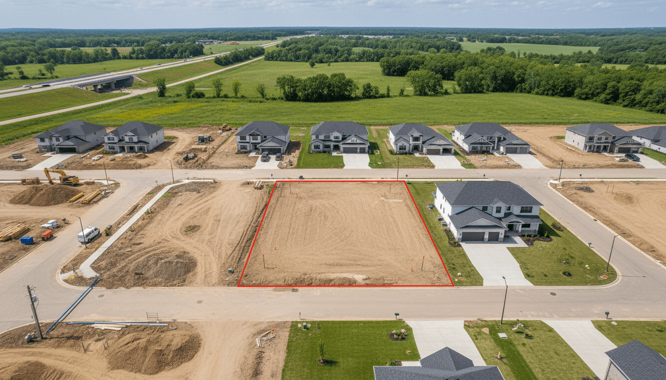 Aerial view of subdivided land with survey markers