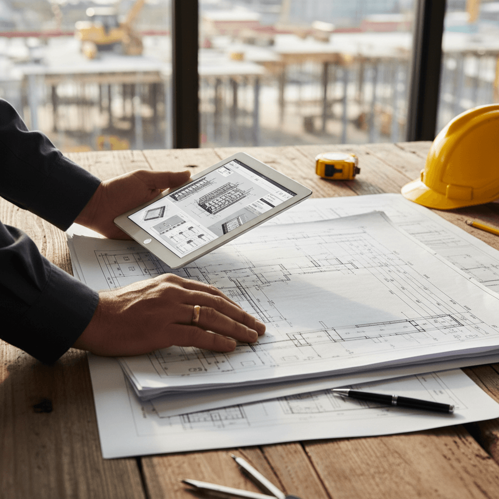 Construction manager reviewing plans at an active site