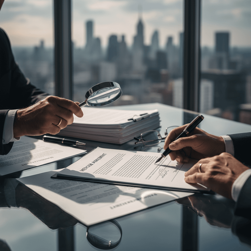 Elegant executive reviewing financial documents in sophisticated modern office