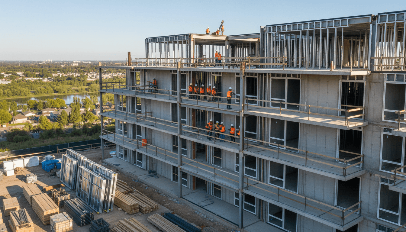 Modern residential development site with cranes and blueprints