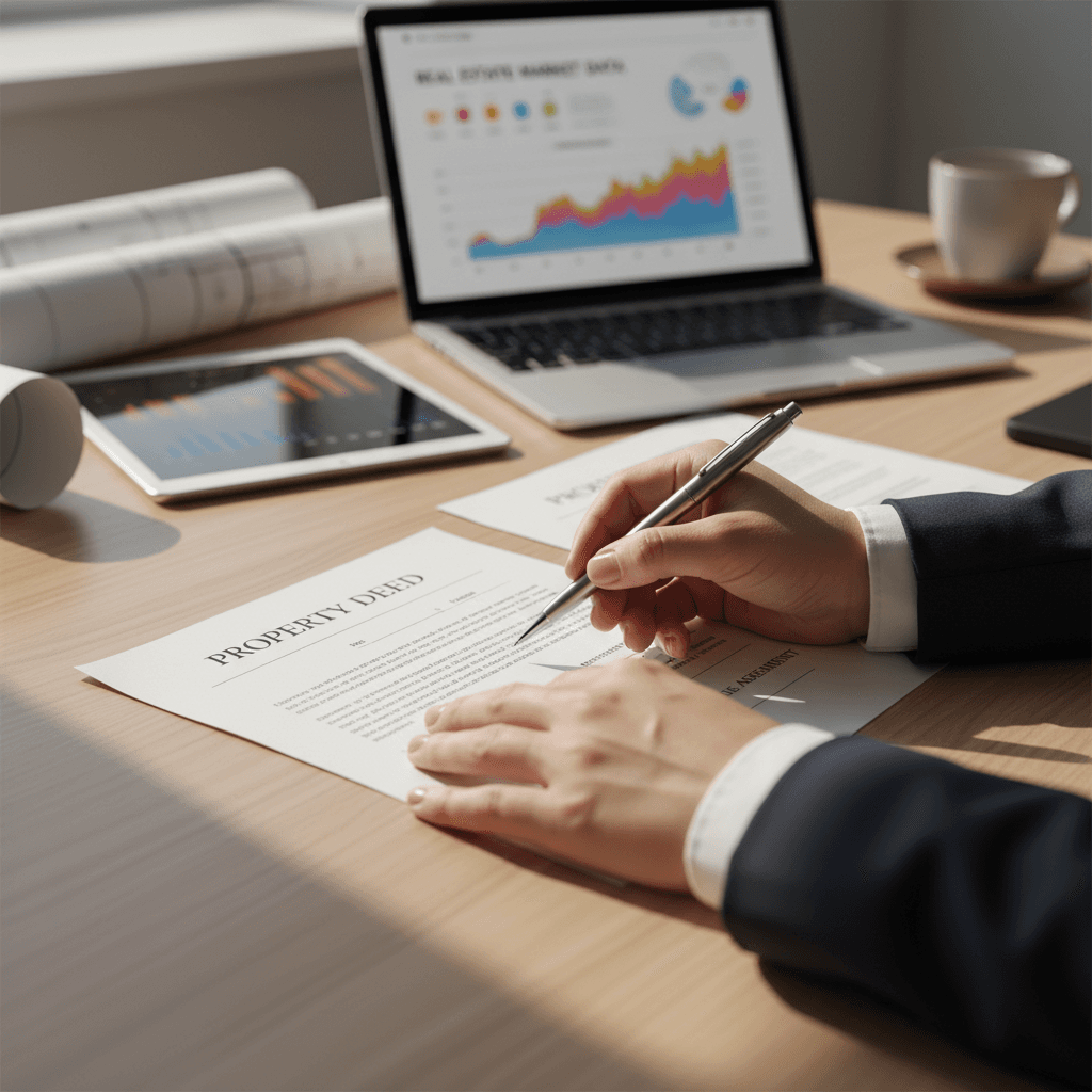 Financial advisors reviewing property documents in a boardroom