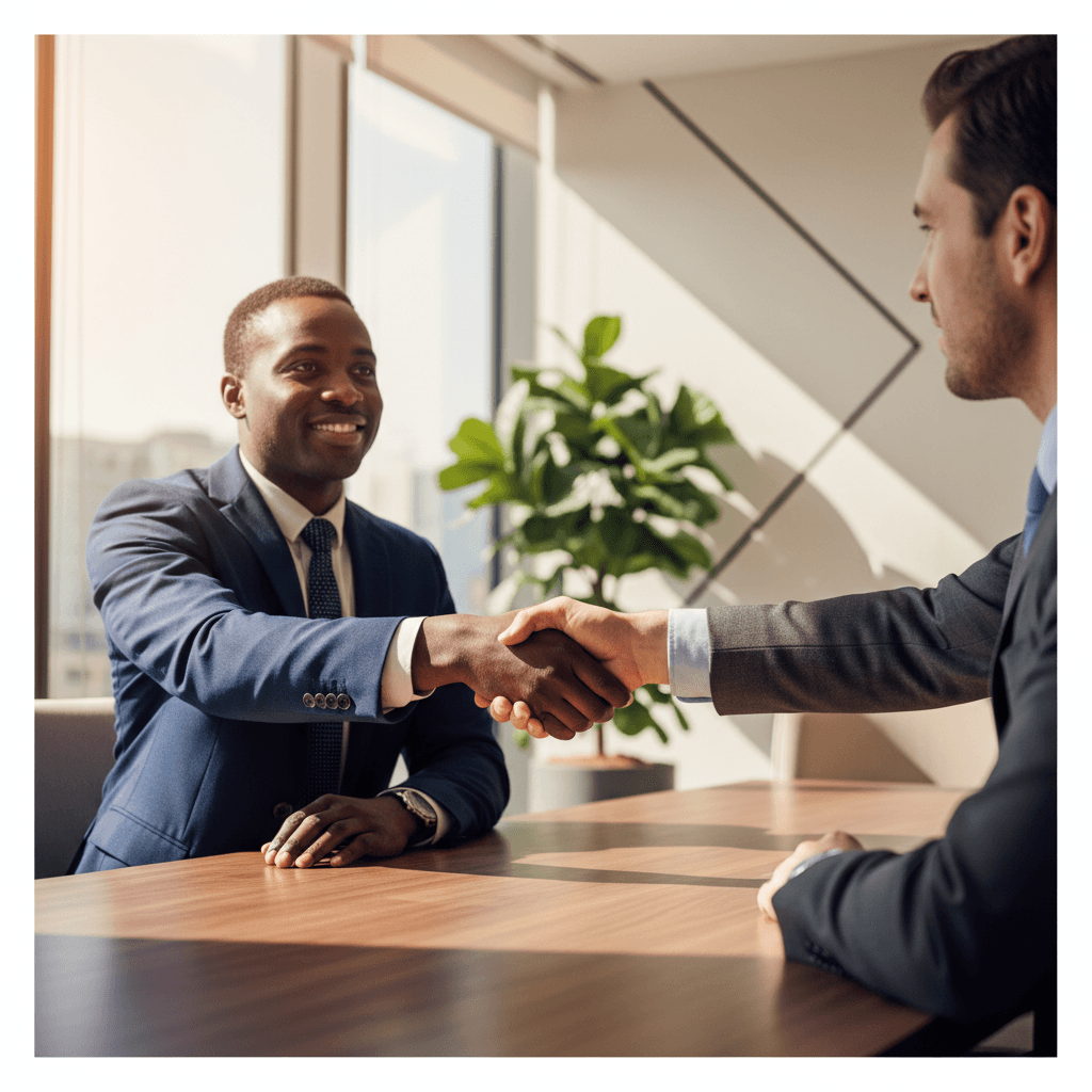 Business handshake in a corporate office meeting