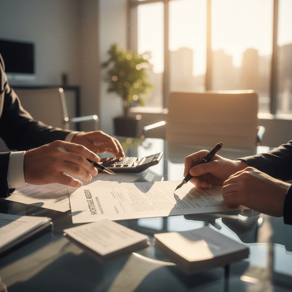 Confident professional reviewing loan documents with a client in a modern meeting room