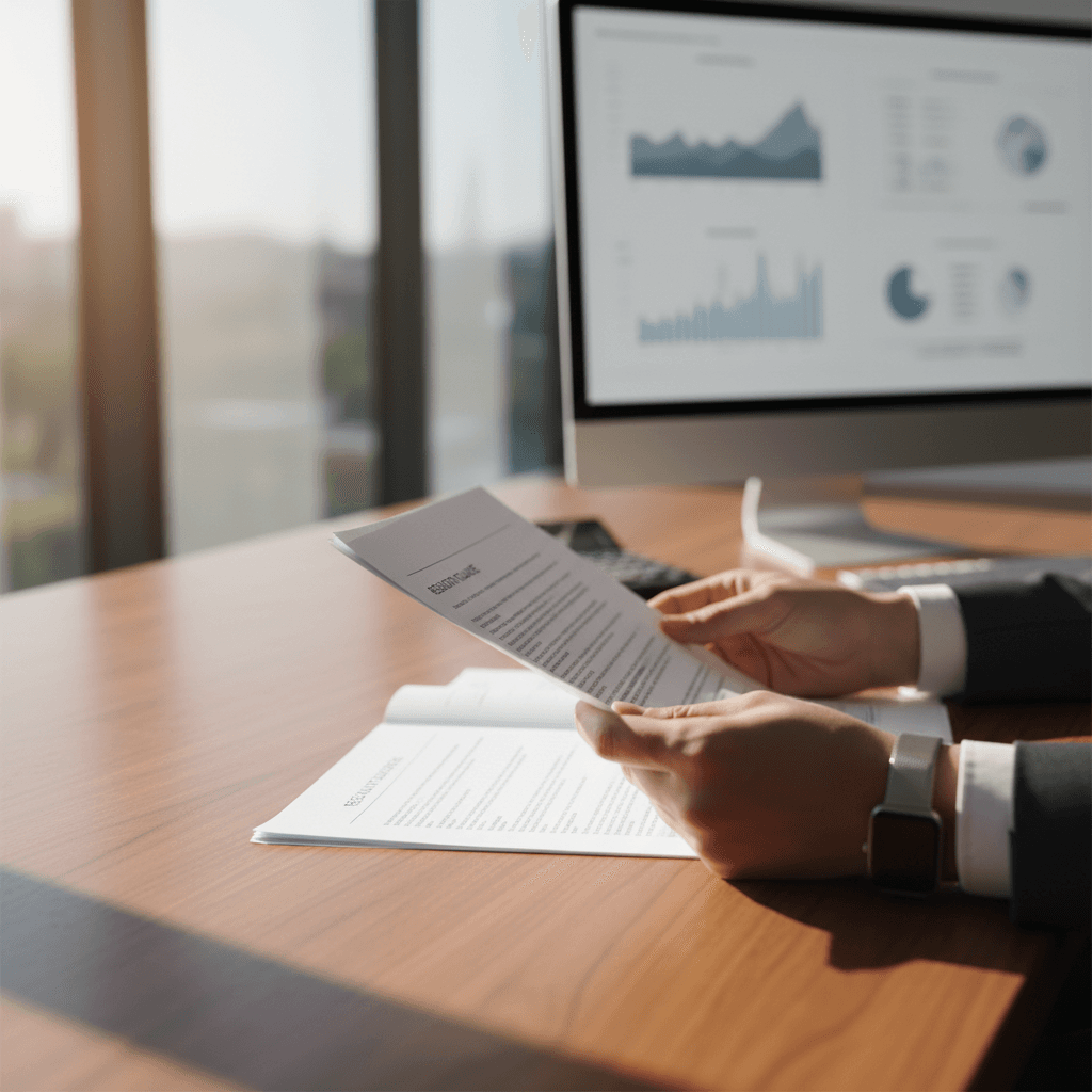 Experienced financial analyst reviewing documents at a boardroom table