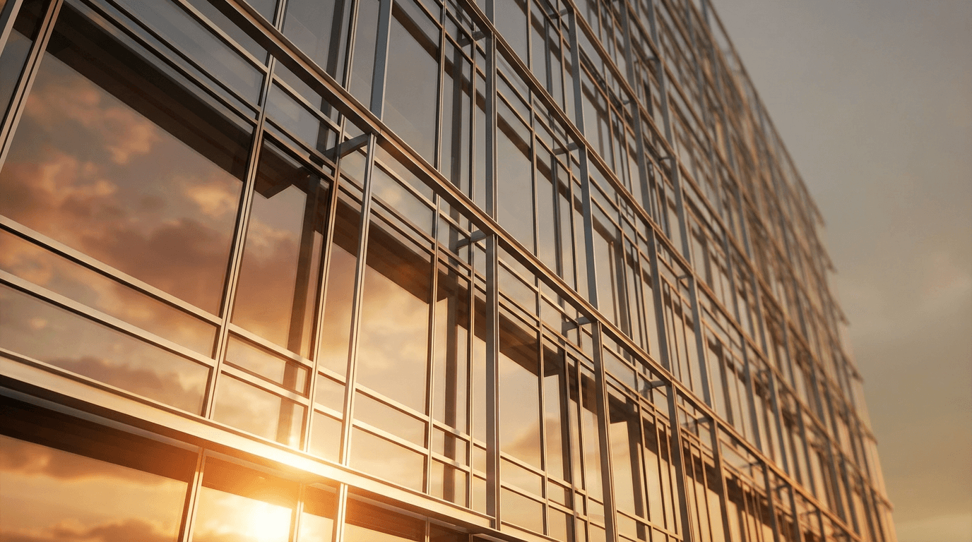 Modern glass office building facade with reflective windows